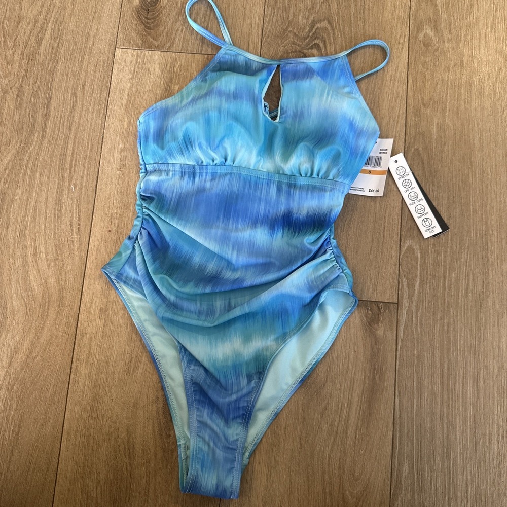 Tahari Women's One Piece Keyhole Neck Swimsuit Blue Comfort Fit Size Small NEW